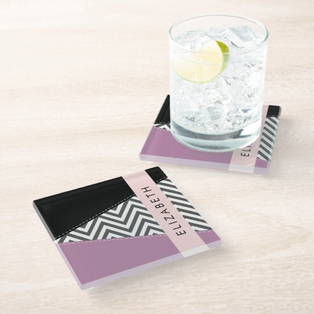 Posavasos De Vidrio Gris Zigzag, Gris Chevron, Púrpura, Tu Nombre (Angular)