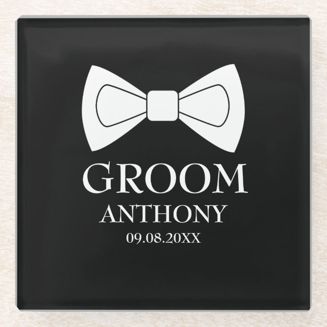 Posavasos De Vidrio Groom Black White Elegant Boda moderno (Anverso)