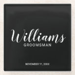 Posavasos De Vidrio Groomsman personalizado con guión moderno<br><div class="desc">Modern Script Personalized Groomsman Coaster con el nombre personalizado del groomsman en blanco estilo de letra moderno con título y fecha boda en sans serif moderno estilo de fuente sobre fondo negro. También perfecto para el mejor hombre,  padre de la novia,  dama de honor y más.</div>