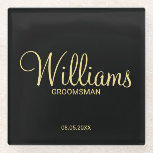 Posavasos De Vidrio Groomsman personalizado de color negro y oro moder