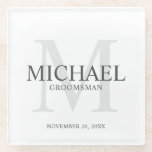 Posavasos De Vidrio Groomsmen personalizado<br><div class="desc">Añada un toque personal a su boda con una pastilla de vidrio personalizada. Esta montaña rusa presenta el nombre personalizado del groomsman con título y fecha boda en gris claro y monograma en gris claro como fondo, en estilo clásico serif, sobre fondo blanco. También perfecto para el mejor hombre, padre...</div>