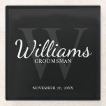 Posavasos De Vidrio Groomsmen personalizado del guión clásico negro<br><div class="desc">Añada un toque personal a su boda con una pastilla de vidrio personalizada. Esta montaña rusa presenta el nombre personalizado del groomsman en un estilo de fuente clásico de escritura blanco con detalles bodas en estilo de fuente serif clásico blanco y monograma en estilo de fuente serif gris clásico como...</div>
