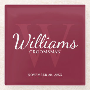 Posavasos De Vidrio Groomsmen personalizado del guión rojo de Borgoña