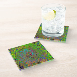 Posavasos De Vidrio Groovy Abstracto Retro Remolino Verde Lima y Azul