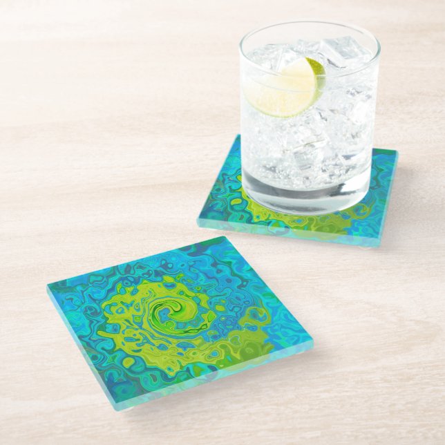 Posavasos De Vidrio Groovy Chartreuse y Aquamarine Liquid Swirl (Angular)