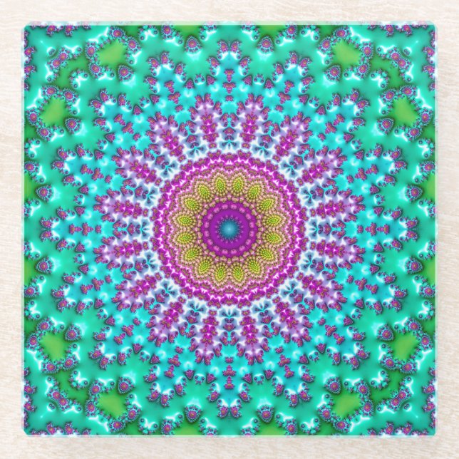Posavasos De Vidrio Groovy Colorful Jewel Tone Boho Fractal Mandala (Anverso)
