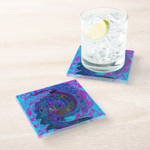 Posavasos De Vidrio Groovy Resumen Retro Azul y Púrpura Swirl