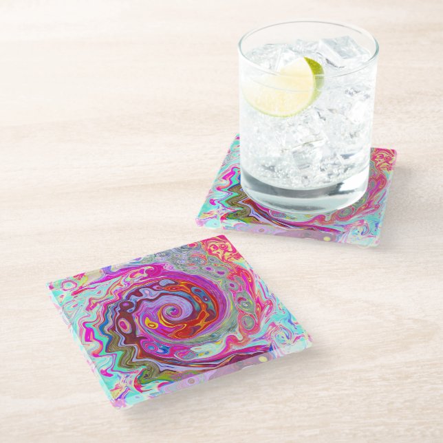 Posavasos De Vidrio Groovy Resumen Retro Pink caliente y Blue Swirl (Angular)