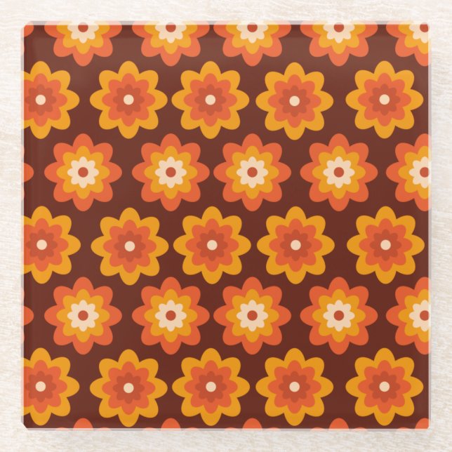 Posavasos De Vidrio Groovy retro 70 patrón de flor boho hippie naranja (Anverso)
