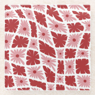 Posavasos De Vidrio Groovy Wavy Trippy 60 Flores Cheques Rojo Rosa