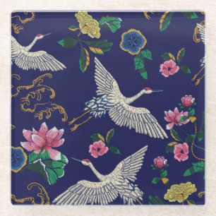 Posavasos De Vidrio Grúas y flores bordadas, sin costura vintage p