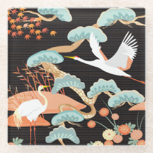 Posavasos De Vidrio Grullas, garzas: Patrón de pájaros japoneses.