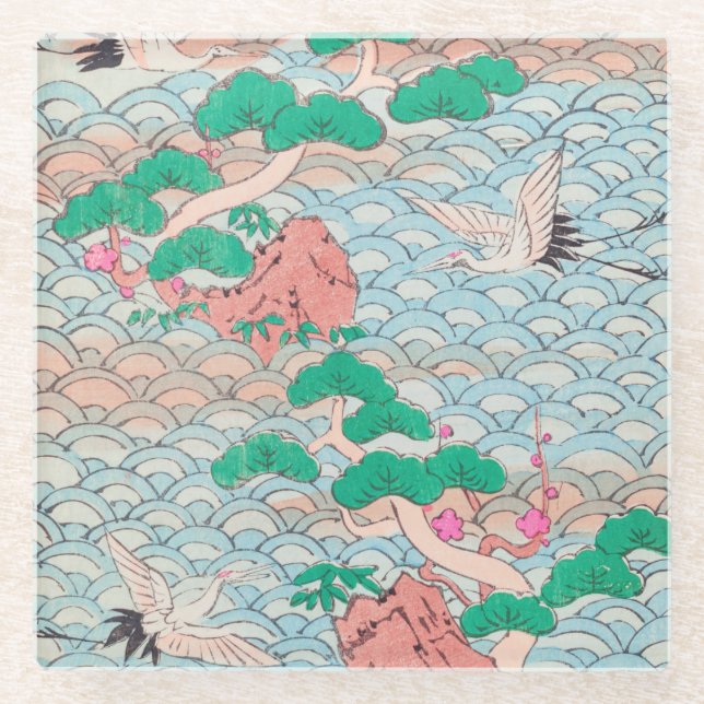 Posavasos De Vidrio Grullas japonesas sobre el patrón de cosecha de ol (Anverso)