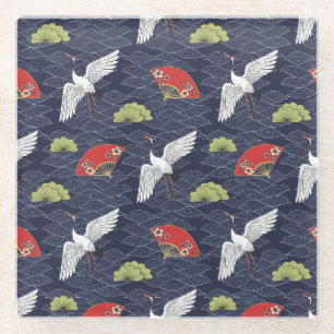 Posavasos De Vidrio Grullas y fans japoneses: Patrón de cosecha