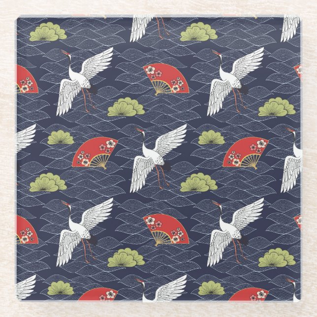 Posavasos De Vidrio Grullas y fans japoneses: Patrón de cosecha (Anverso)