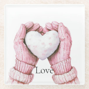 Posavasos De Vidrio Guantes rosados corazón blanco amor