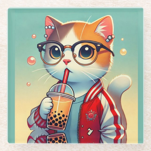 Posavasos De Vidrio Guay Cat bebiendo boba (Anverso)