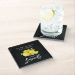 Posavasos De Vidrio Guión de pincel Color de agua negro Lemons Limonce<br><div class="desc">Guión de Cepillo Moderno Lemones de color de agua cuando la vida te da lemas de hacer tiras de vidrio de Limoncello</div>