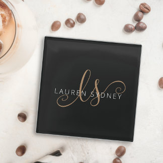 Posavasos De Vidrio Guión femenino de oro negro moderno monogramado