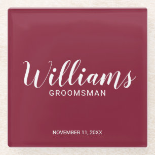 Posavasos De Vidrio Guión moderno Borgoña Rojo Personalizado Groomsman