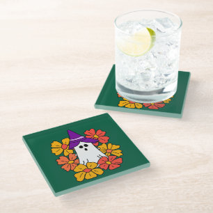 Posavasos De Vidrio Guirnalda de flor fantasma de Halloween