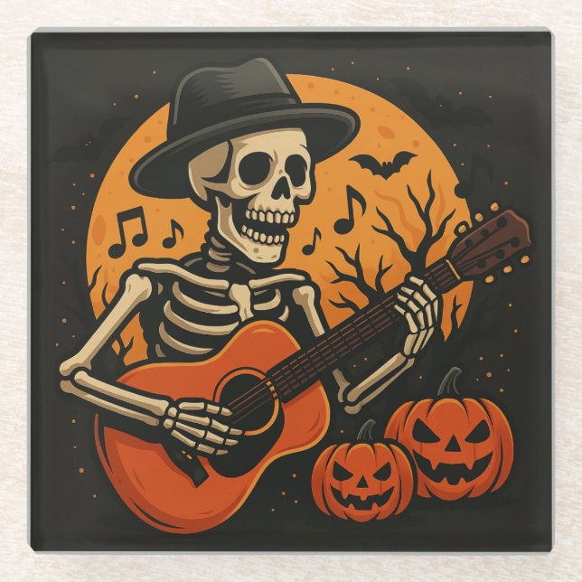Posavasos De Vidrio Guitar-Playing Skull Halloween Coaster (Anverso)