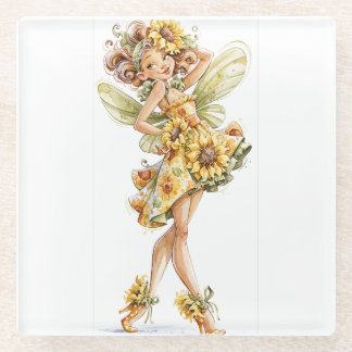 Posavasos De Vidrio hada del girasol con un vestido floral flotante