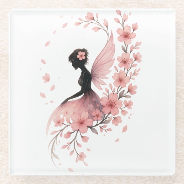 Posavasos De Vidrio Hada Rosa con Flores de Sakura (Anverso)