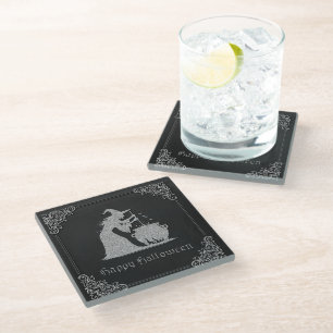 Posavasos De Vidrio Halloween de Brujas y Calderones Plateados