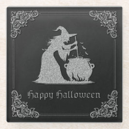 Posavasos De Vidrio Halloween de Brujas y Calderones Plateados