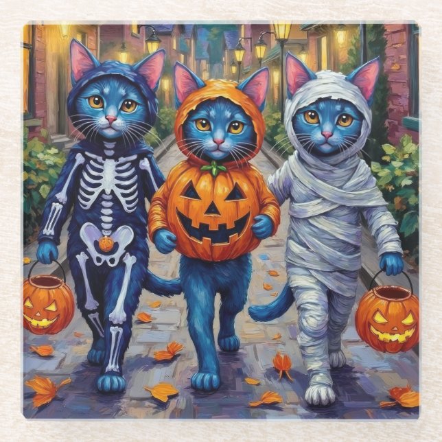 Posavasos De Vidrio Halloween de truco o tratamiento de gatos azules o (Anverso)