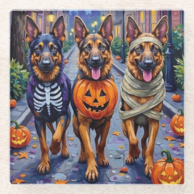 Posavasos De Vidrio Halloween de truco o tratamiento de perros pastore (Anverso)