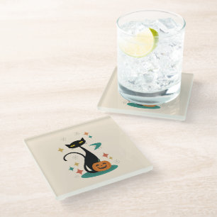 Posavasos De Vidrio Halloween Gato Negro de mediados de siglo