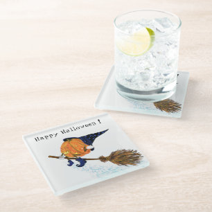 Posavasos De Vidrio Halloween Glass Coaster Witch Calabaza Flying Broo