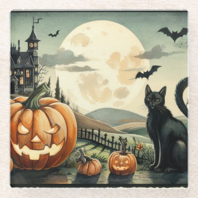 Posavasos De Vidrio Halloween/otoño/otoño/otoño/calabaza/gato (Anverso)