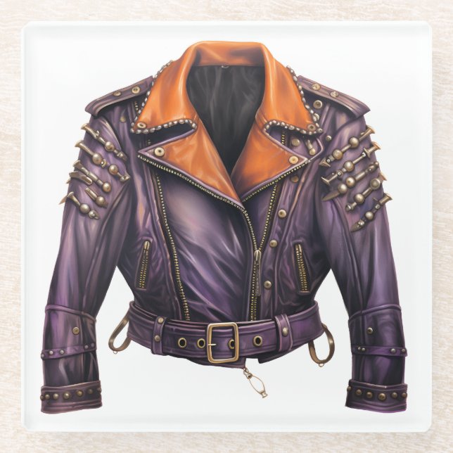 POSAVASOS DE VIDRIO HALLOWEEN PURPLE & NARANJA LEATHER JACKET (Anverso)