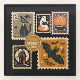 Posavasos De Vidrio Halloween Spooktime Postal Stamams Ghost Bat Cat