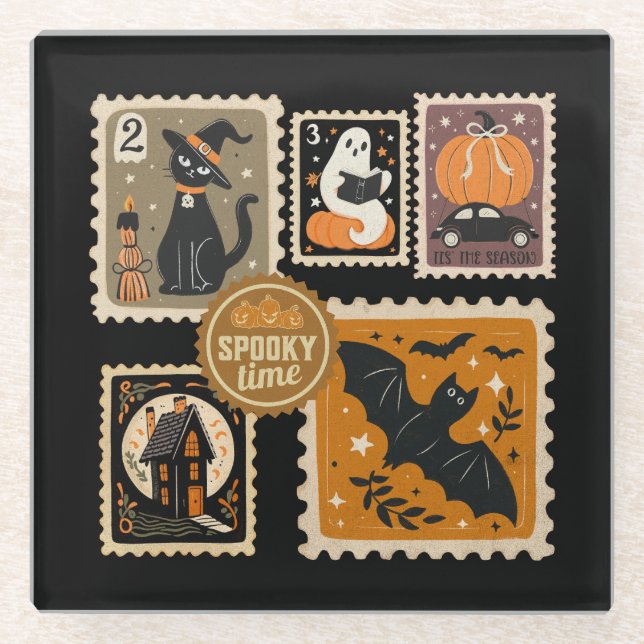 Posavasos De Vidrio Halloween Spooktime Postal Stamams Ghost Bat Cat (Anverso)
