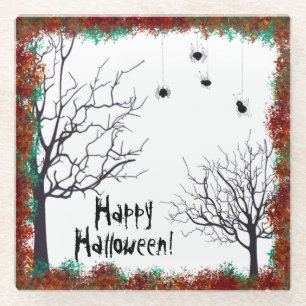 Posavasos De Vidrio Halloween Spooky Tree Spiders colgando el follaje