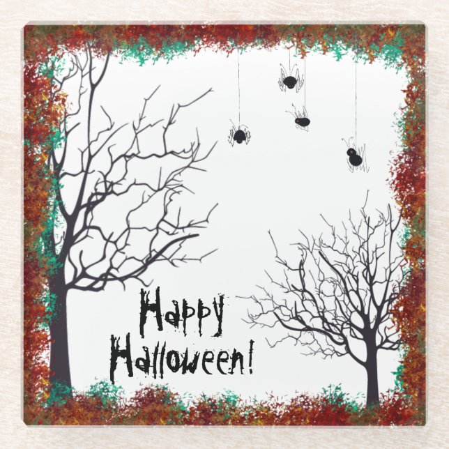 Posavasos De Vidrio Halloween Spooky Tree Spiders colgando el follaje  (Anverso)
