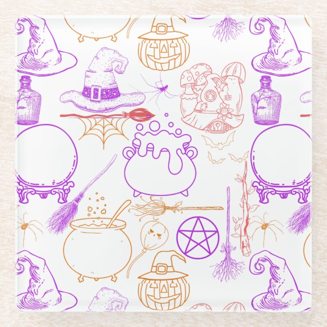 Posavasos De Vidrio Halloween Witchcraft Pattern Neon 01 (Anverso)