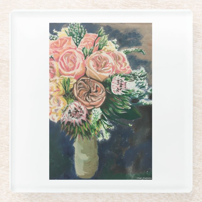 Posavasos De Vidrio Hand Pintado Floral Bouquet Glass Coaster (Anverso)