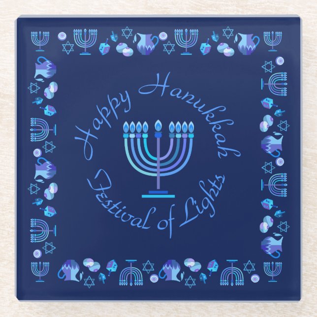 Posavasos De Vidrio Hanukkah Festividad Judía Menorah Ornate Mandala (Anverso)