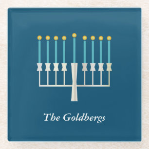 Posavasos De Vidrio Hanukkah Menorah en nombre de familia de Personali