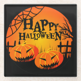 POSAVASOS DE VIDRIO HAPPY HALLOWEEN HALLOWEEN NEGRO Y NARANJA PUMPKINS