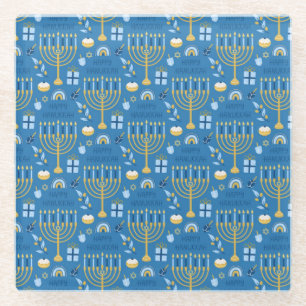 Posavasos De Vidrio Happy Hanukkah Jewish Star Menorah Blue Chanukah
