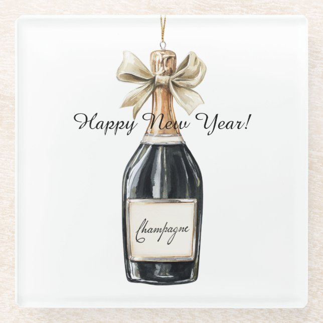 Posavasos De Vidrio Happy New Year Gold Black Champagne Bottle (Anverso)