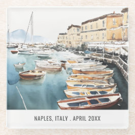 Posavasos De Vidrio Harbour Santa Lucía Nápoles Italia Watercolor Trav