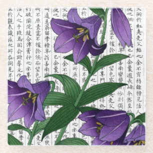 Posavasos De Vidrio Harebells púrpura asiático en un contexto kanji