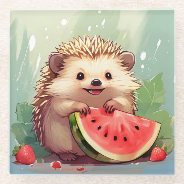 Posavasos De Vidrio Hedgehog disfrutando de una sandía (Anverso)